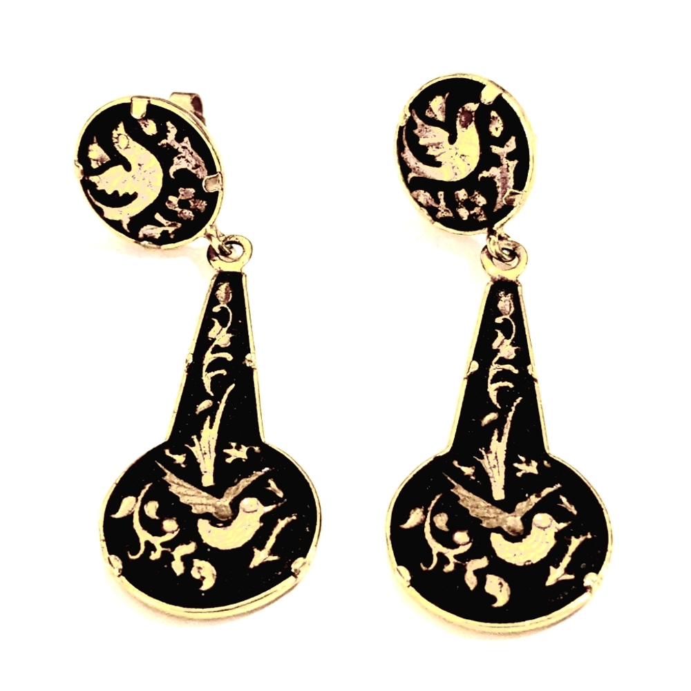 Spanish Style Damascene Dove Floral Drop Earrings Gold Tone Black Enameled